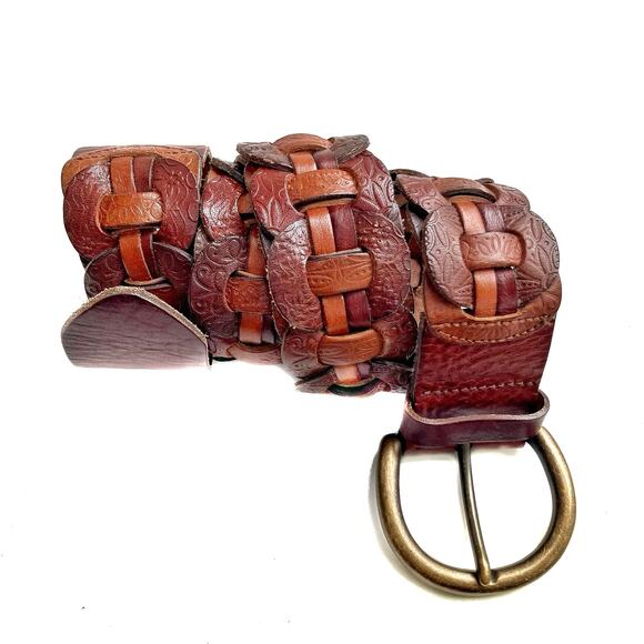 Vintage Woven Cognac Leather Belt | Artisan Patchwork Brass Buckle | Fossil Y2K - Picture 3 of 13
